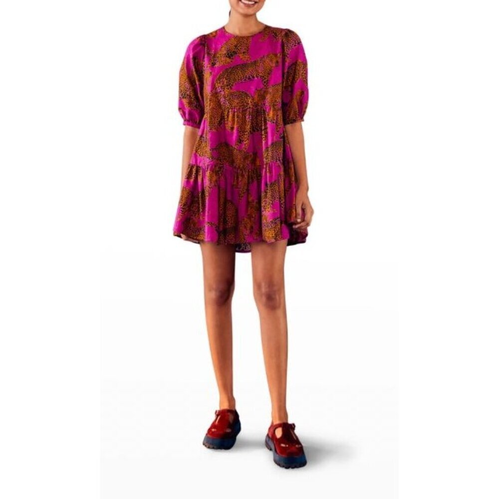 NEW Farm Rio Artsy Leopards Tiered Mini Dress Magenta Sz S $175 [jb]